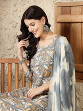 Women's Grey Tropical Printed Cotton Blend Straight Kurta Pant Dupatta Set-KPDGREYTAANI